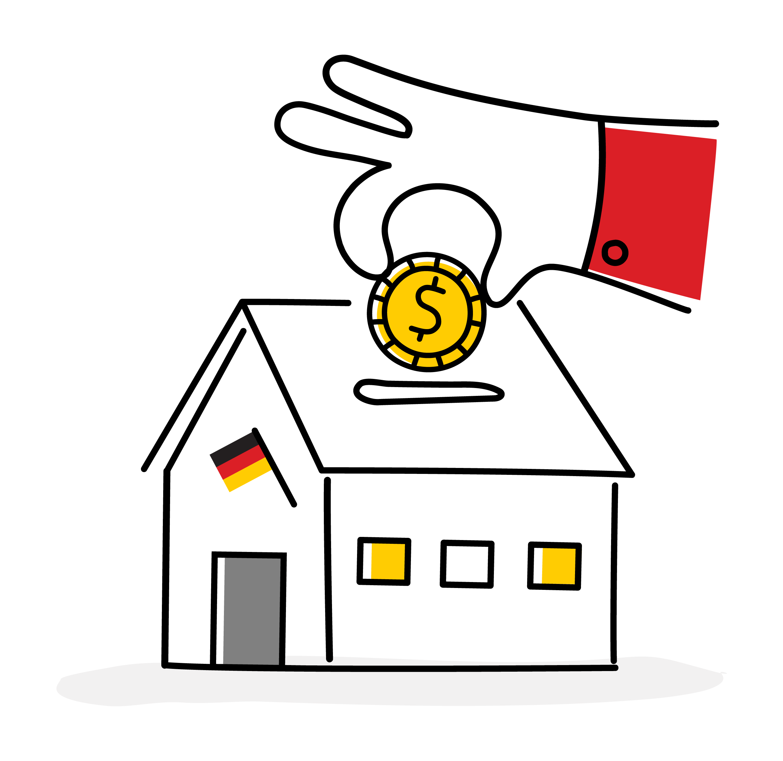 Illustration of a hand dropping a coin into a savings box that looks like a house with a German flag above the front door