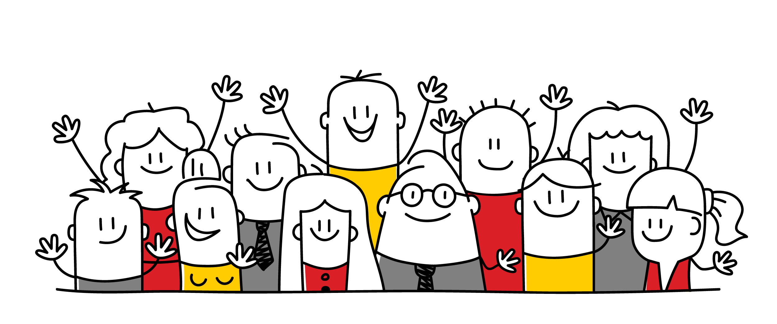 Illustration of a group of people waving and looking happy