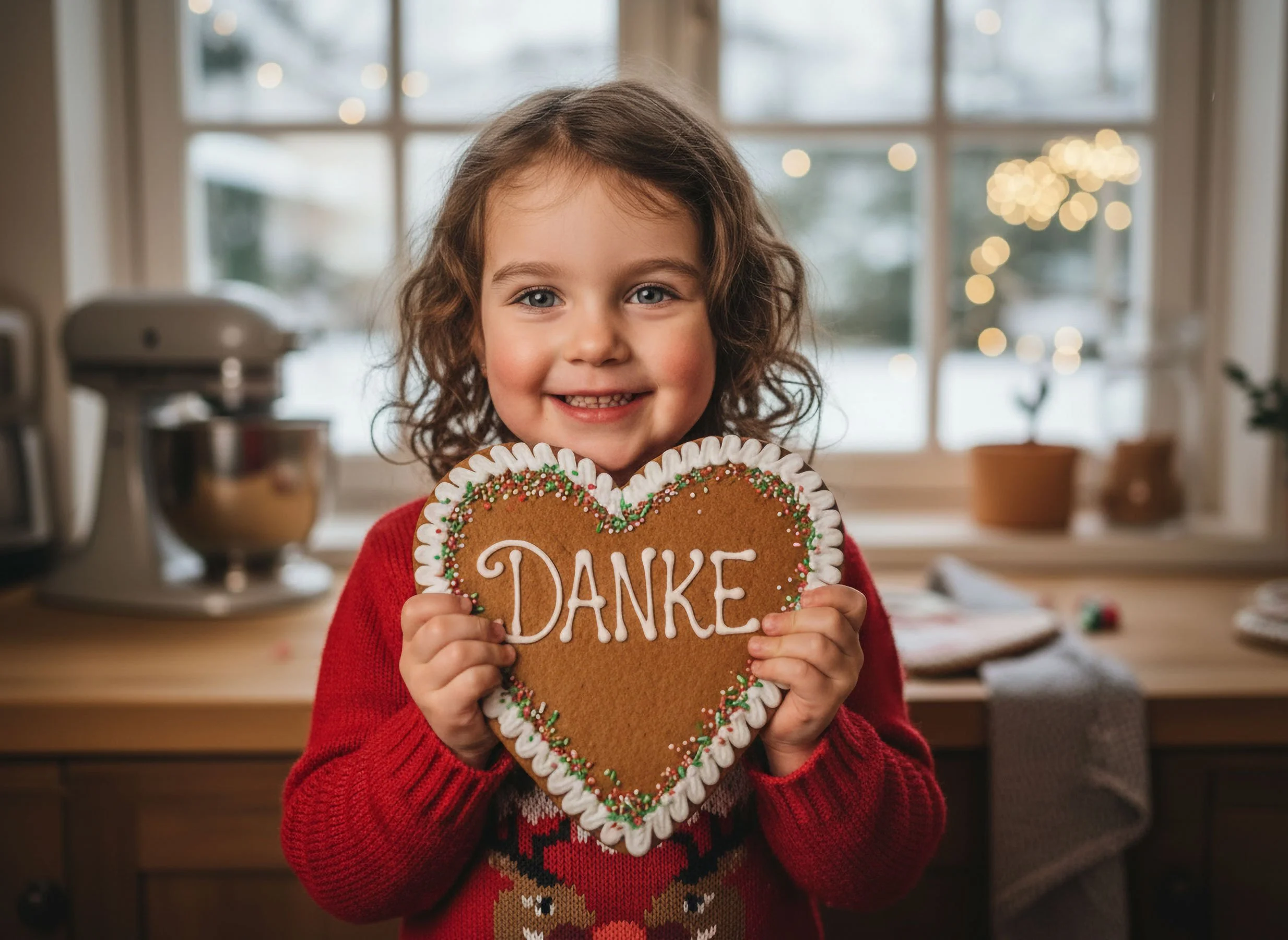 Little girl holding a gingerbread heart that says "DANKE"