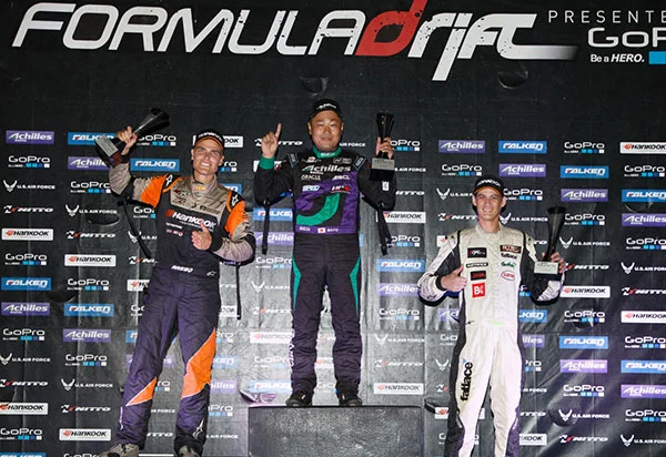 Long Beach, Calif. – October 11, 2014 – Formula DRIFT returned to Irwindale Speedway for the 2014 Pro Championship season finale. Daigo Saito in the Achilles Radial Lexus SC430 takes the event victory. Chris Forsberg in the Hankook Tire Nissan 370Z wins his second career championship. Round 7: Final Fight held at Irwindale Speedway did not disappoint the sold out crowd with an action packed weekend that featured the Pro Championship, PRO 2 Championship, Offset Kings car show and more. The Driftstream had over 200,000 unique viewers to the live stream for the event weekend. “What a way to end the 2014 Pro Championship season,” says Jim Liaw, President of Formula DRIFT. “We could not have asked for a more climatic ending with the championship determined at the very last battle of the season. The competitive rivalry that Aasbo and Forsberg had all season could not have been any more exciting.” Entering the event, Forsberg lead the Pro Championship chase by a mere 26 points. As the competition progressed through the night both Aasbo and Forsberg would meet in the Top 4 to control their championship destiny. Aasbo in one of the tightest battles of the evening got the better of Forsberg for the fourth time this season in head to head battles, yet he needed to win the entire event to win the championship. “A wild season for us. We wanted the championship so bad after last year,” said Chris Forsberg, 2014 Formula DRIFT champion. “Taking the win in Long Beach and holding the lead throughout the season to the Finals only to basically lose to Aasbo every time we went up against him. He was our kryptonite all season long. We were able to hold him off just enough to take the championship home and we are super pumped and very proud of our team for giving us the best car we ever had.” The number one qualifier, Forrest Wang in the Get Nuts Lab / Hankook / STR Racing Nissan S14 went against Daigo Saito in the Top 4. In a close battle, Saito edged out Wang to make it into the Finals against Aasbo. In another closely fought battle, Saito beat out Aasbo, to win his third consecutive victory at Irwindale Speedway, having won the event in 2012 and 2013, and helping to award Forsberg with his second Pro Championship. Forsberg is only the third driver in Formula DRIFT history to hold two championships with his 2009 championship and now 2014 championship. “This year we have had a very hard time with our results and ranking,” said Daigo Saito, winner of Round 7: Final Fight. “We are excited to earn a win to end the season here at Irwindale Speedway. This is also the third win for us in a row here and I am very happy.” In addition to the 2014 Championship, both the Tire and Manufacturer Championships were determined at Round 7: Final Fight. Hankook Tire won the Tire Manufacturer Championship, while Scion won the Manufacturer Championship. For more information visit: www.formuladrift.com and find Formula DRIFT on Instagram @formulad, Facebook www.facebook.com/formuladrift and Twitter @FormulaDrift. Formula DRIFT Professional Championship Presented by GoPro 2014 Final Standings 1. Forsberg, Chris Hankook Tire Nissan 370Z 561.50 Points 2. Aasbo, Fredric Hankook Tire Scion Racing tC 550.00 Points 3. Gittin Jr., Vaughn Monster Energy / Nitto Tire Ford Mustang RTR 393.00 Points 4. Bakchis, Aurimas “Odi” Feal Suspension / Nitto Tire Nissan 240SX 364.50 Points 5. Wang, Forrest Get Nuts Lab / Hankook Tire / STR Racing Nissan S14 331.50 Points 6. Moen, Kenneth Bridges Racing Nissan 240SX 310.50 Points 7. McNamara, Darren Falken Tire Nissan S14 298.00 Points 8. Kearney, Dean Oracle Lighting Dodge Viper SRT 287.00 Points 9. Pawlak, Justin Falken Tire Ford Mustang 277.00 Points 10. Grunewald, Conrad Megan Racing / Top 1 Oil / BRE Chevrolet Camaro 262.50 Points 11. Nishida, Robbie Achilles Radial / Bridges Racing Lexus SC300 261.00 Points 12. Tuerck, Ryan Retaks Maxxis Tires Air Force PSI Scion FR-S 235.00 Points 13. Gushi, Ken GReddy Performance / Scion Racing Drift FR-S 227.50 Points 14. Saito, Daigo Achilles Radial Lexus SC430 224.00 Points 15. Field, Matt CX Racing Nitto Tire Nissan 240SX 221.50 Points 16. Essa, Michael Essa Autosport / Yokohama BMW M3 218.50 Points Round 7: Final Fight Event Results 1. Saito, Daigo Achilles Radial Lexus SC430 Winner 2. Aasbo, Fredric Hankook Tire Scion Racing tC 2nd Place 3. Wang, Forrest Get Nuts Lab / Hankook Tire / STR Racing Nissan S14 3rd Place Manufacturers Championship Final Standings 1. Scion 843.00 Points 2. Nissan 721.00 Points 3. Ford 670.00 Points 4. Lexus 485.00 Points 5. Chevy 471.50 Points Tire Championship Final Standings 1. Hankook 1119.50 Points 2. Nitto 836.00 Points 3. Achilles 801.00 Points 4. Falken 681.50 Points 5. Maxxis 386.50 Points