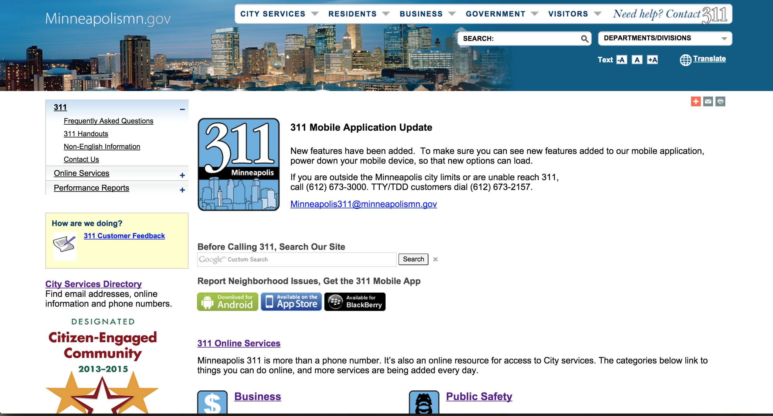 The current Minneapolis 311 page