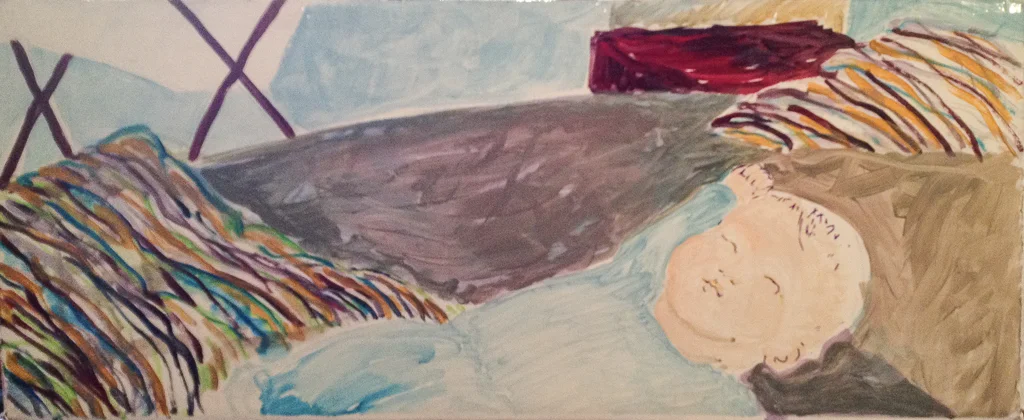 Side View, Acrylic and Pen on Cardboard Funerary Box, 12x30, 8/2012