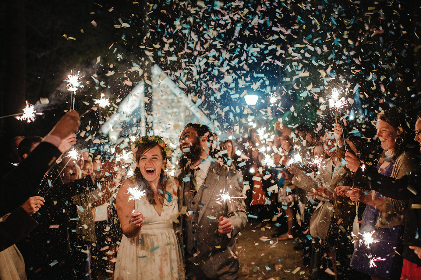 Bride and groom sparkler exit at Camp Kanuga, Hendersonville, NC.