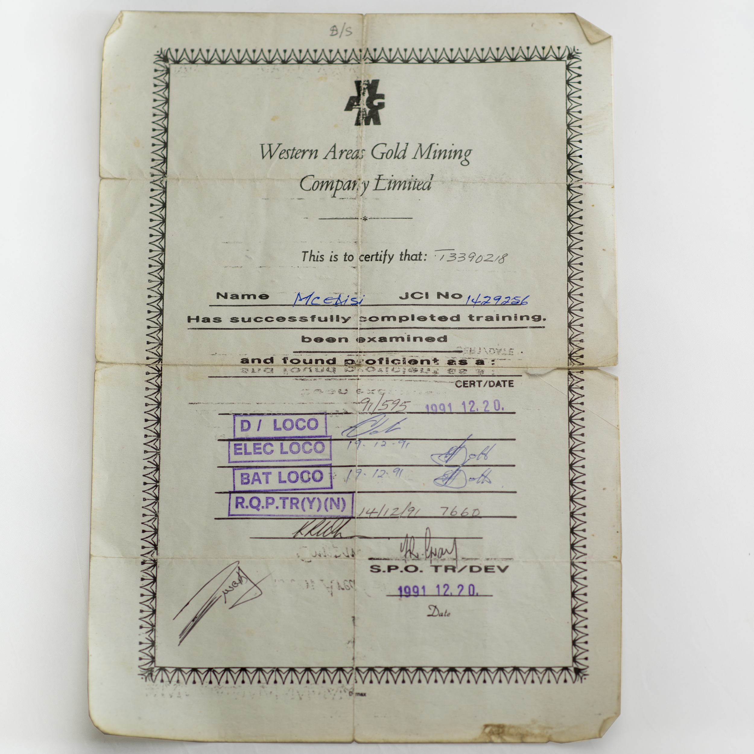Certificate showing completed training. 