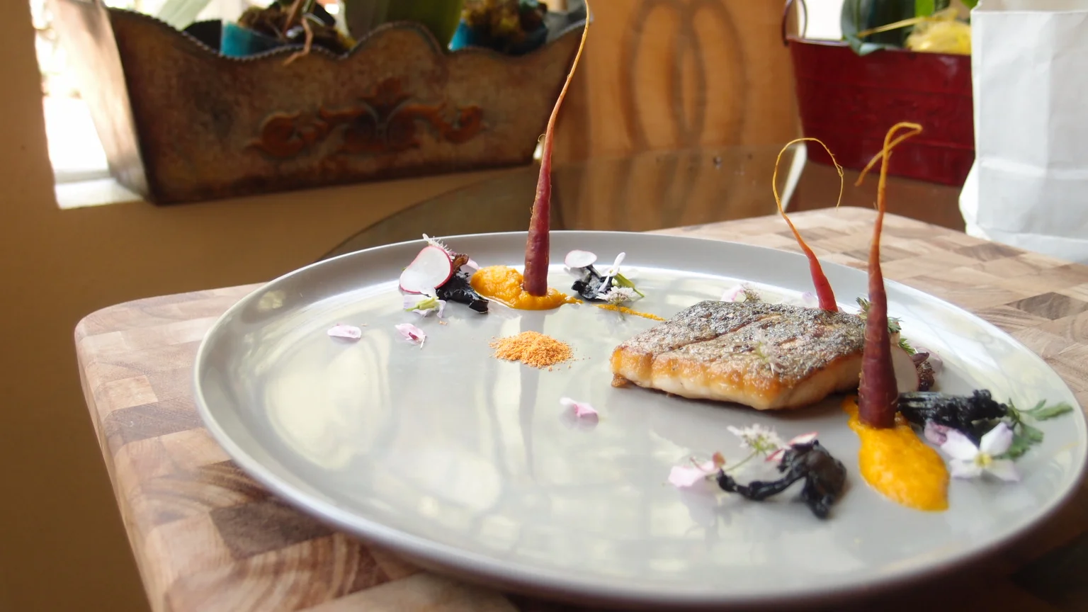 Stripe Bass, Wild Mushrooms, Red Dragon Carrots, Carrot Puree, Orange-Carrot Power
