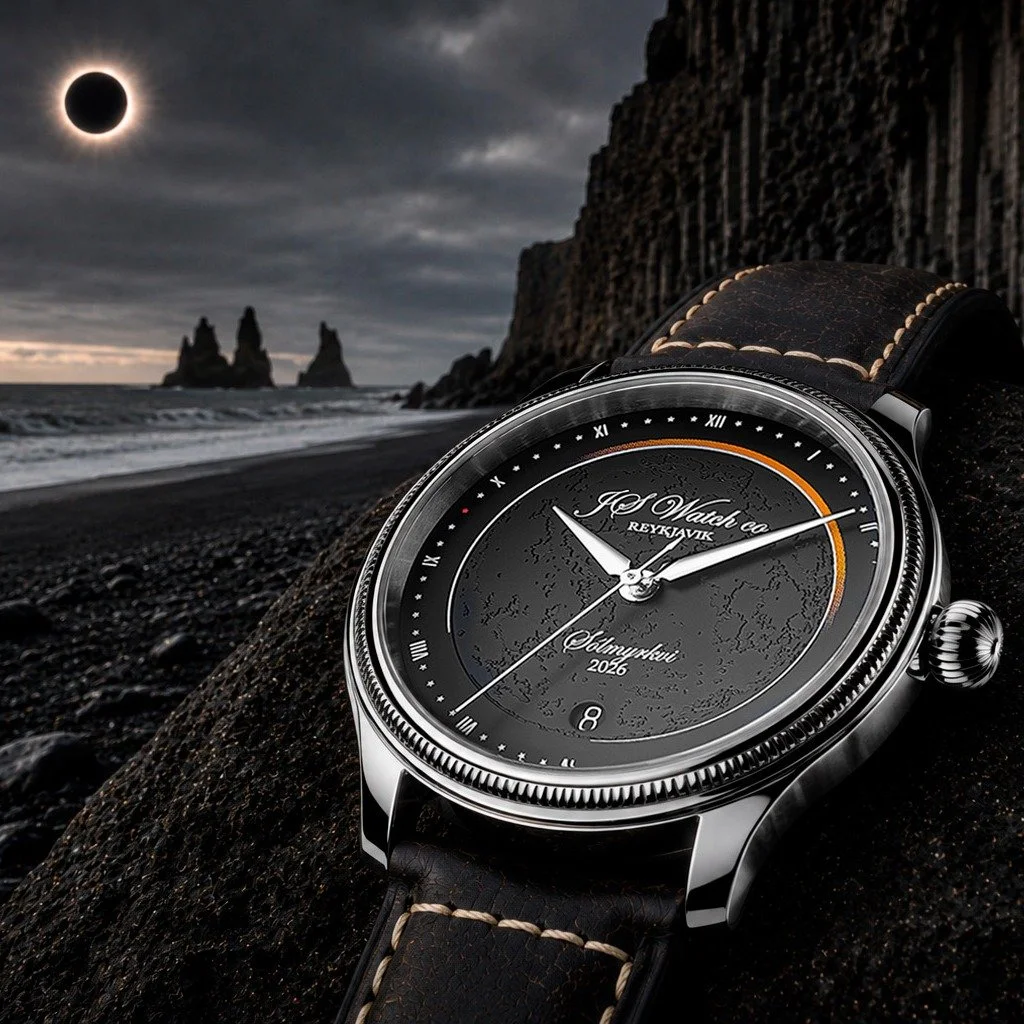 One week from today...

The sky above Iceland will begin to change.
Birds will fall silent.
The light will soften.
The temperature will drop.
Then, for just a few minutes...
Day becomes night.

 #MadeInIceland #MechanicalWatch #SolarEclipse #LimitedE