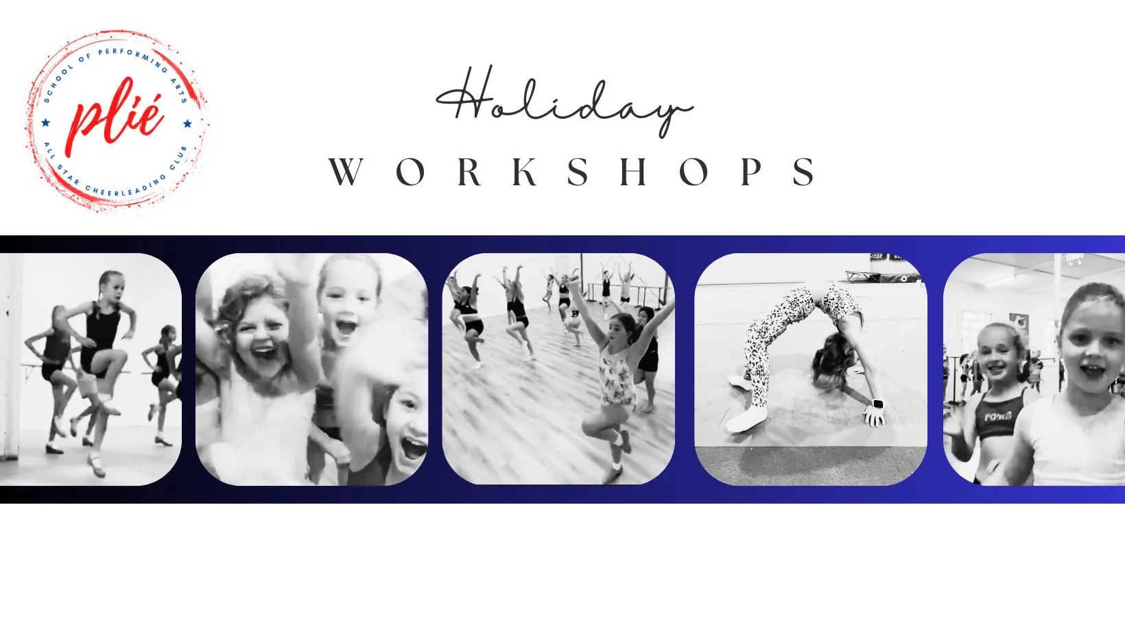 Plié school holiday workshops: kids dancing, leaping and tumbling in the studio
