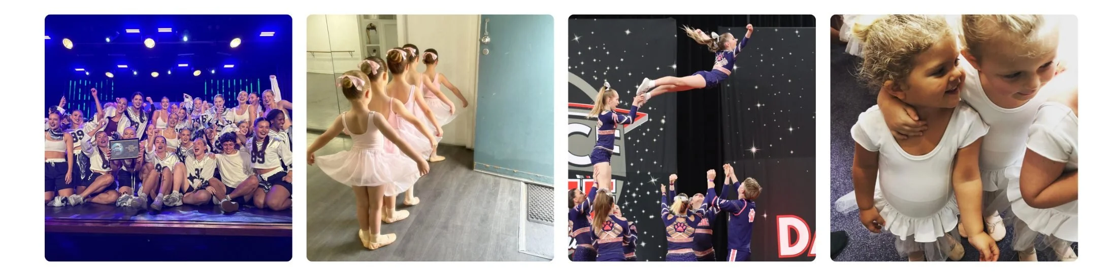 Plié students celebrating on stage, a ballet class, a cheer team stunt and two tiny dancers