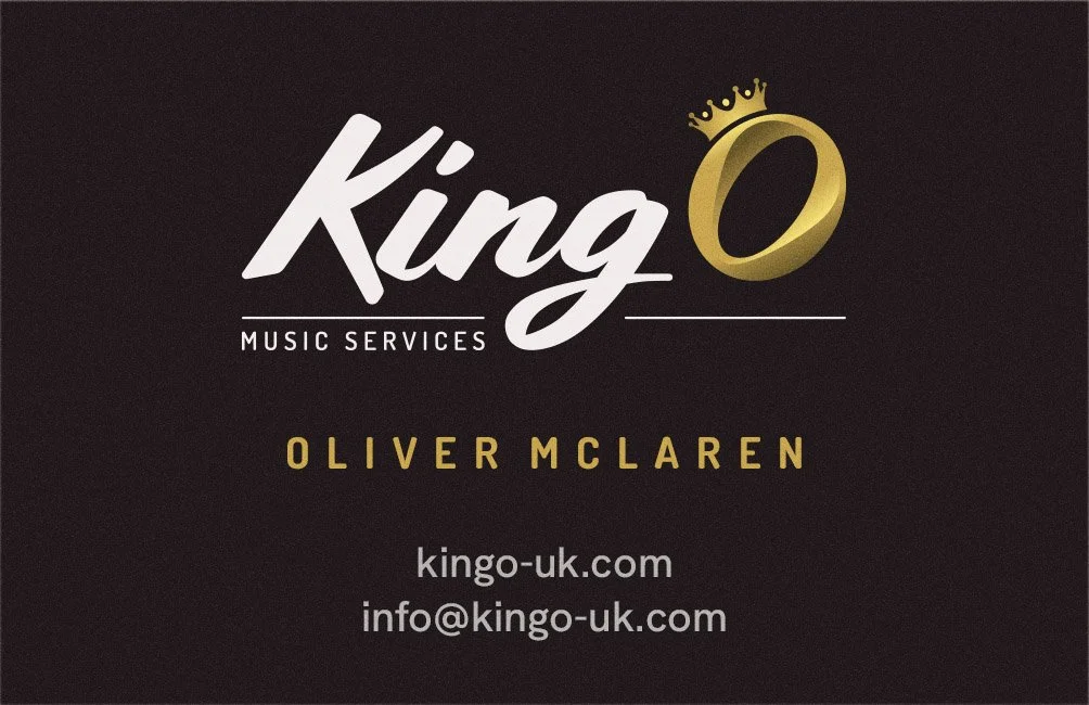Promotional material for King O Music Services included flyers, graphics, stickers, videos and business cards.