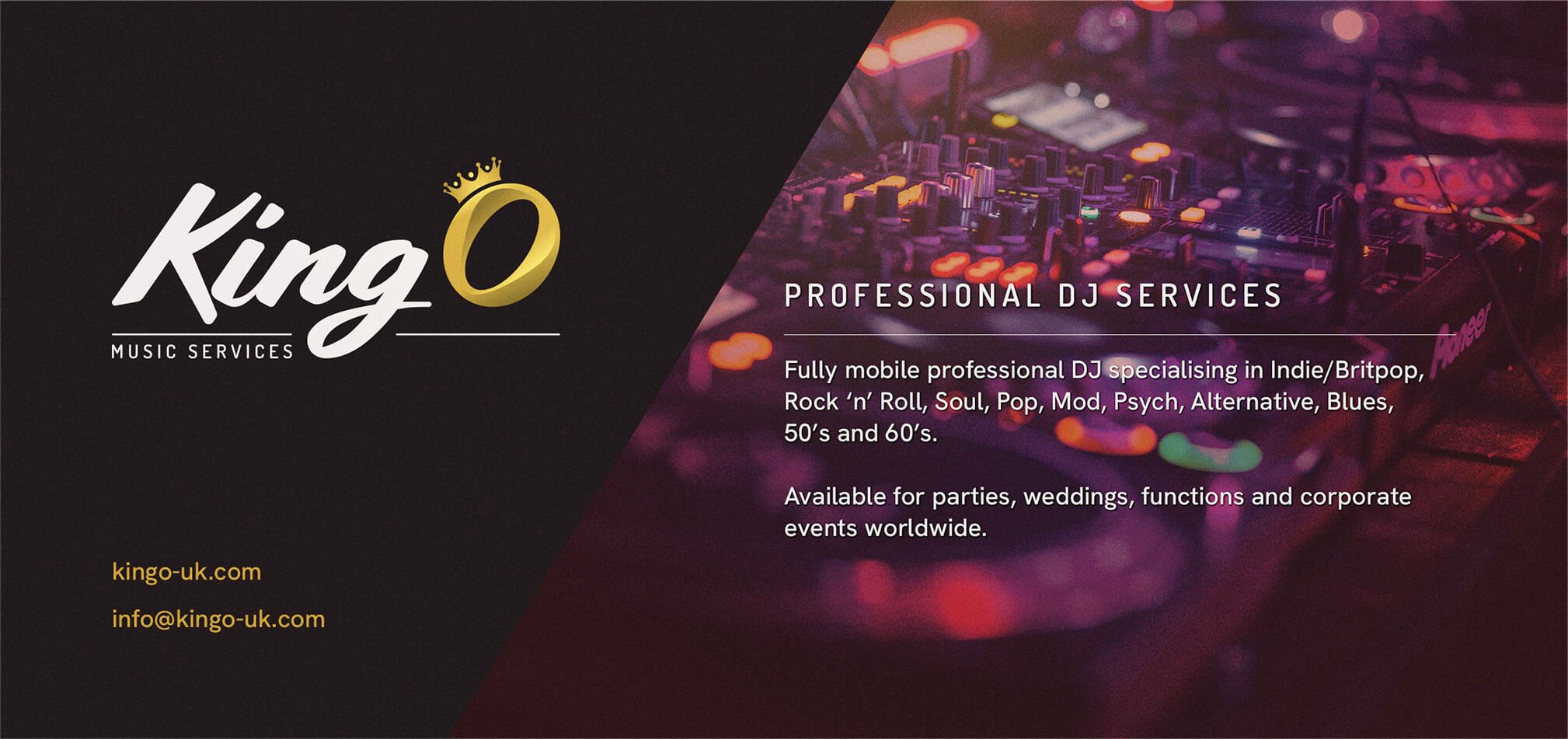 Promotional material for King O Music Services included flyers, graphics, stickers, videos and business cards.