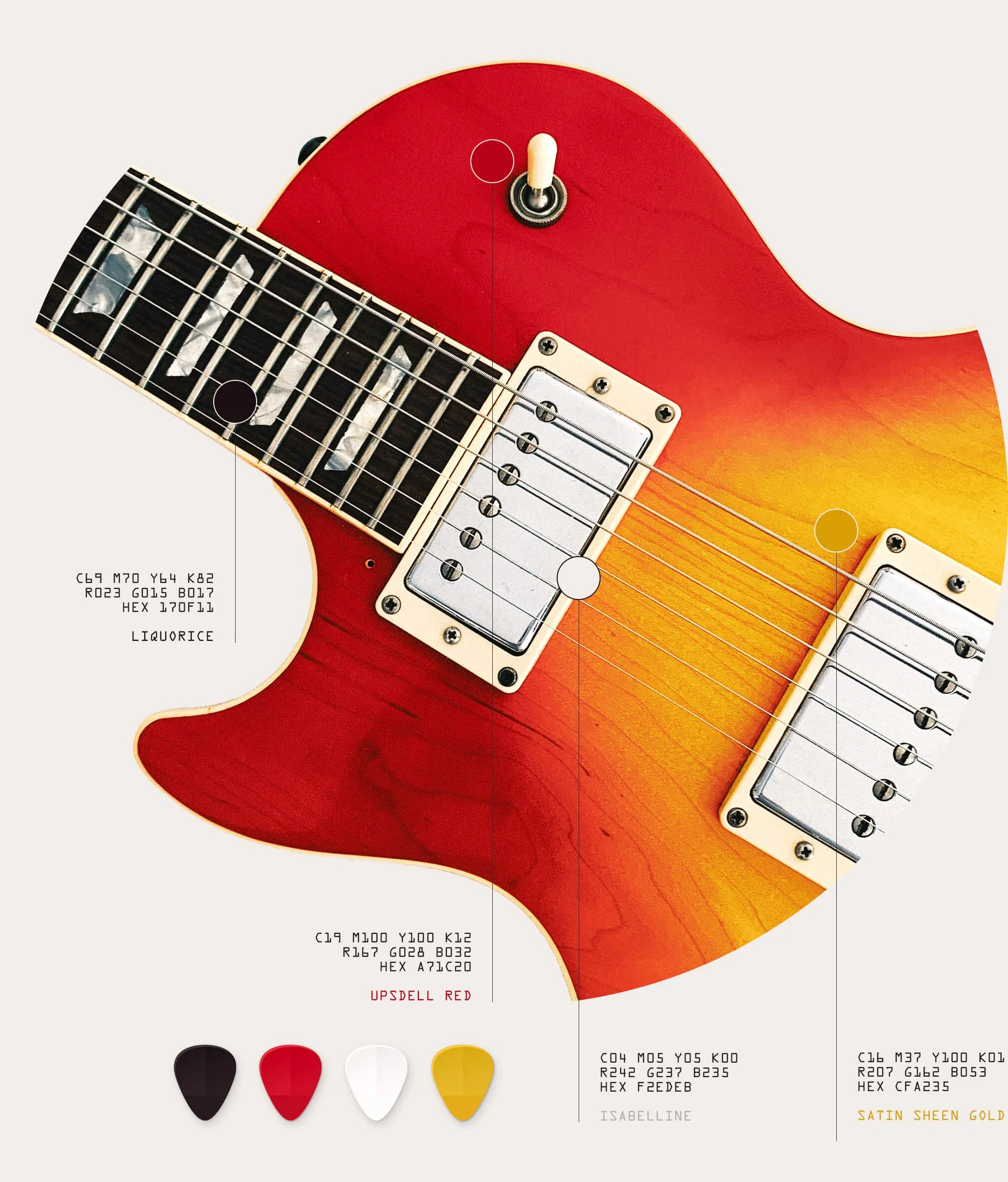 The colour palette for King O Music Services for four main colours of Liquorice, red, grey and Gold.