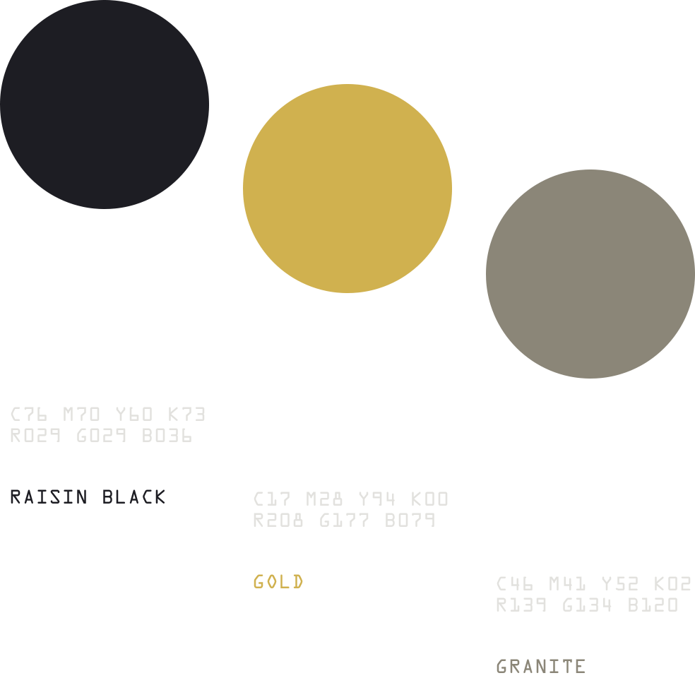 Three abstract circles in black, gold, and gray, with color codes and labels for black, gold, and granite.