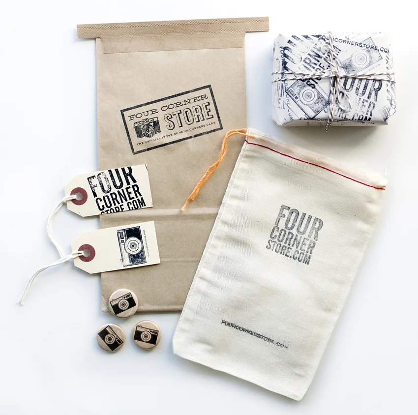 The Artful Union worked online boutique Four Corner Store to create a vintage, analog themed brand with unique packaging for their products.