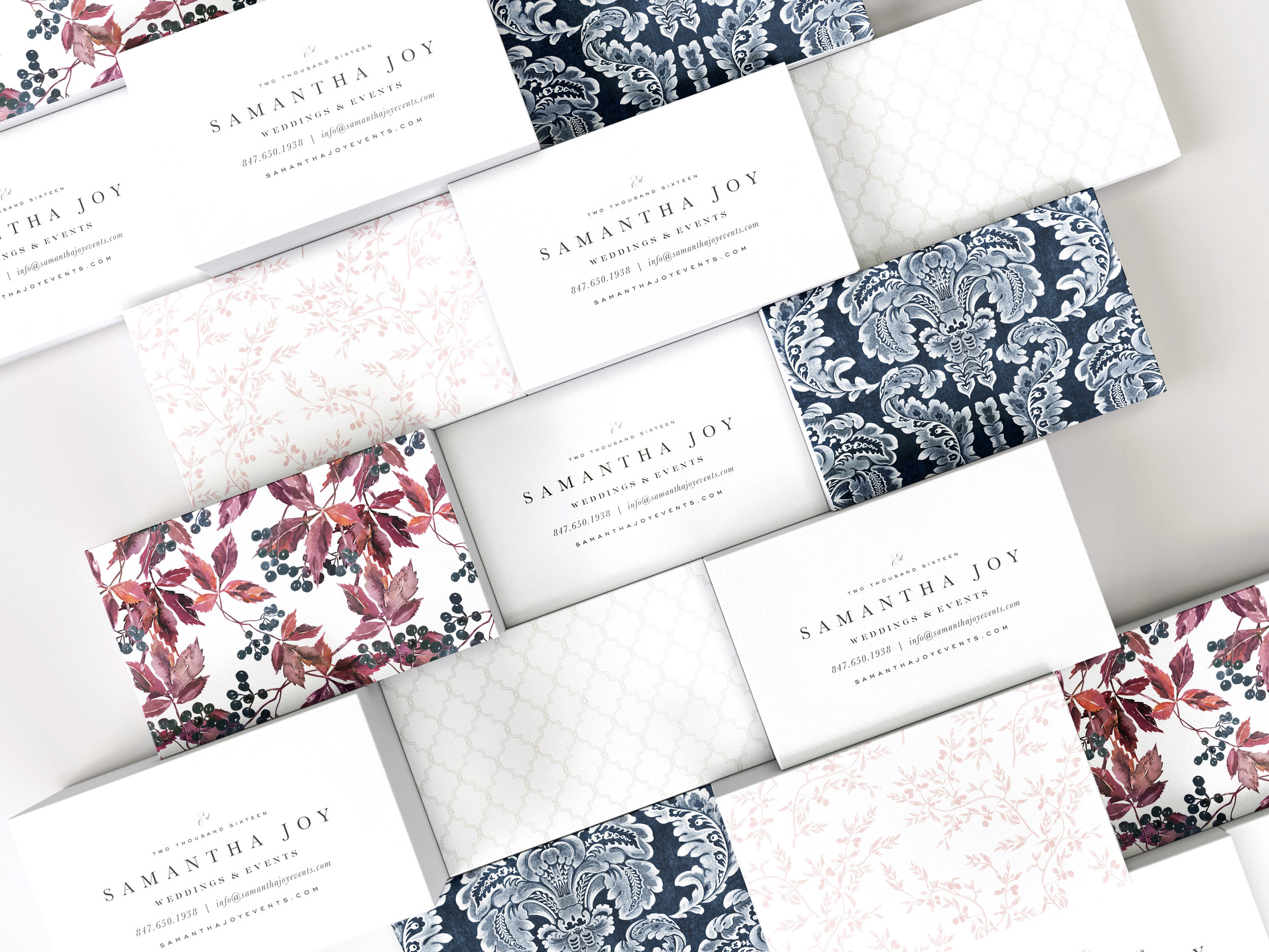 Sophisticated Patterned Business Cards for Midwestern Wedding Planner Samantha Joy