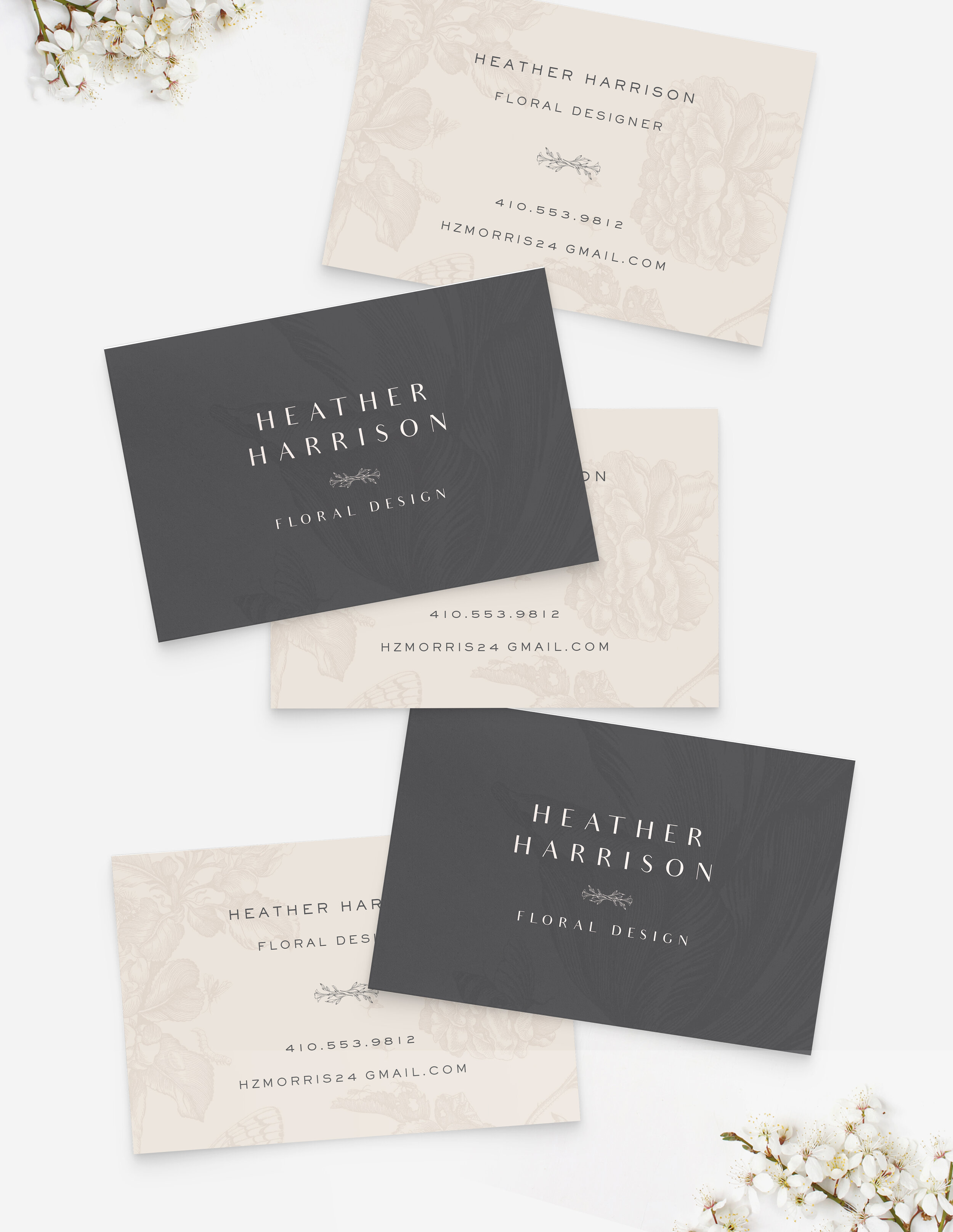 Sophisticated Blush and Charcoal Floral Business Card Design by The Artful Union