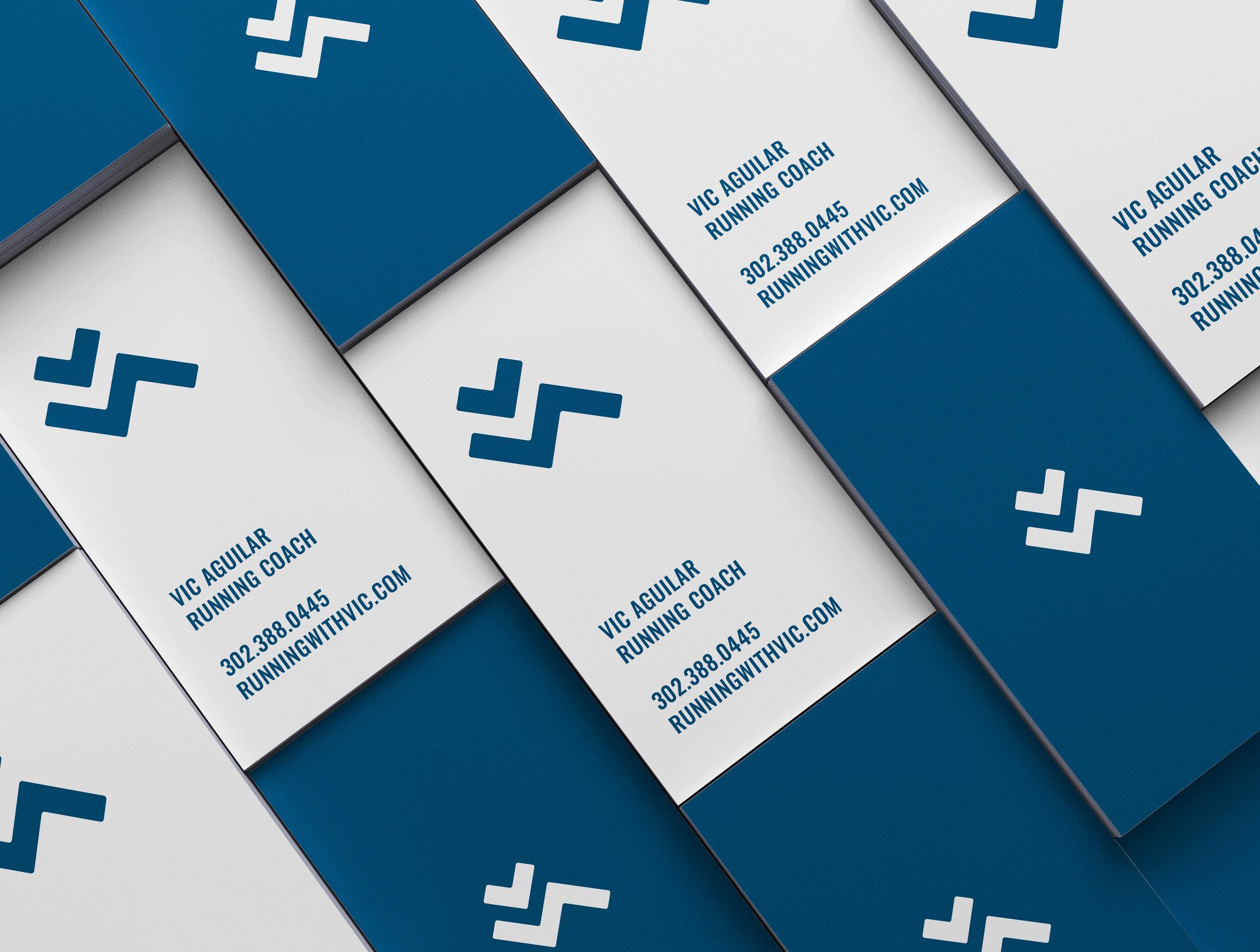 Fitness Inspired Blue and White Vertical Business Cards for Running Coach and Ultra Marathoner Vic Aguilar