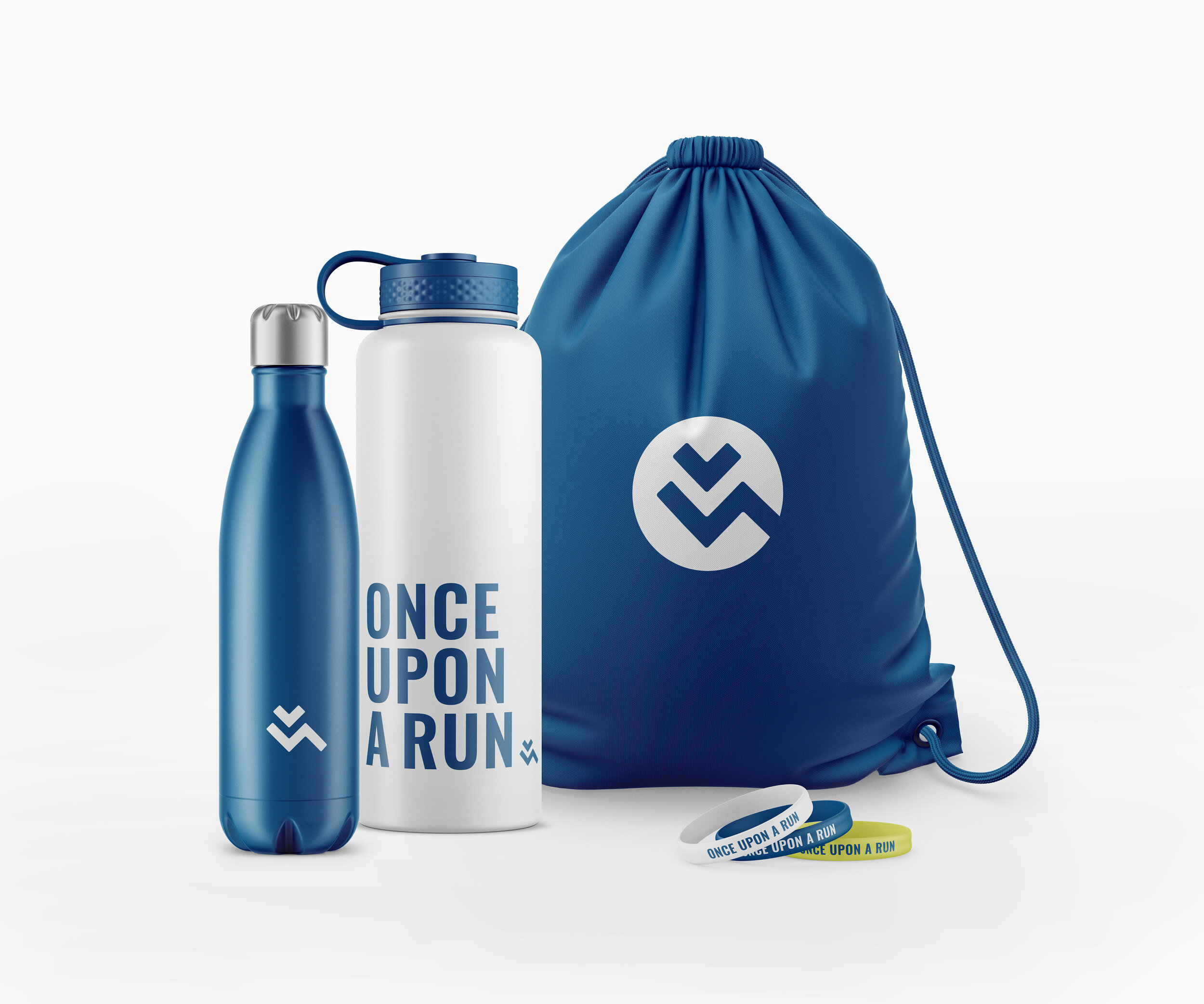Blue and White Fitness Logo Water Bottles, Gym Bag and Athletic Silicone Bracelet for Running Coach Vic Aguilar