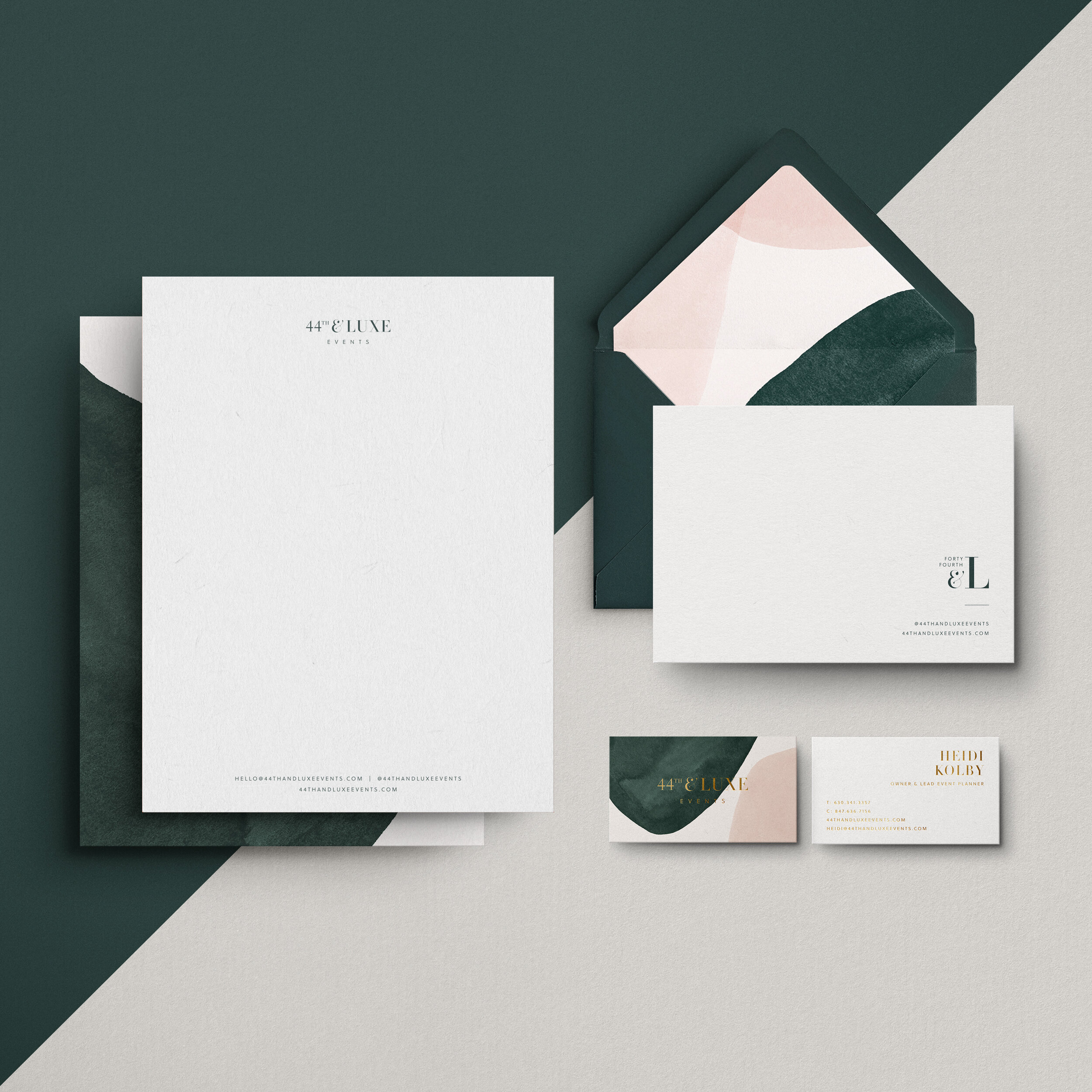 44th &amp; Luxe Events Emerald Green and Gold Foil Stationery