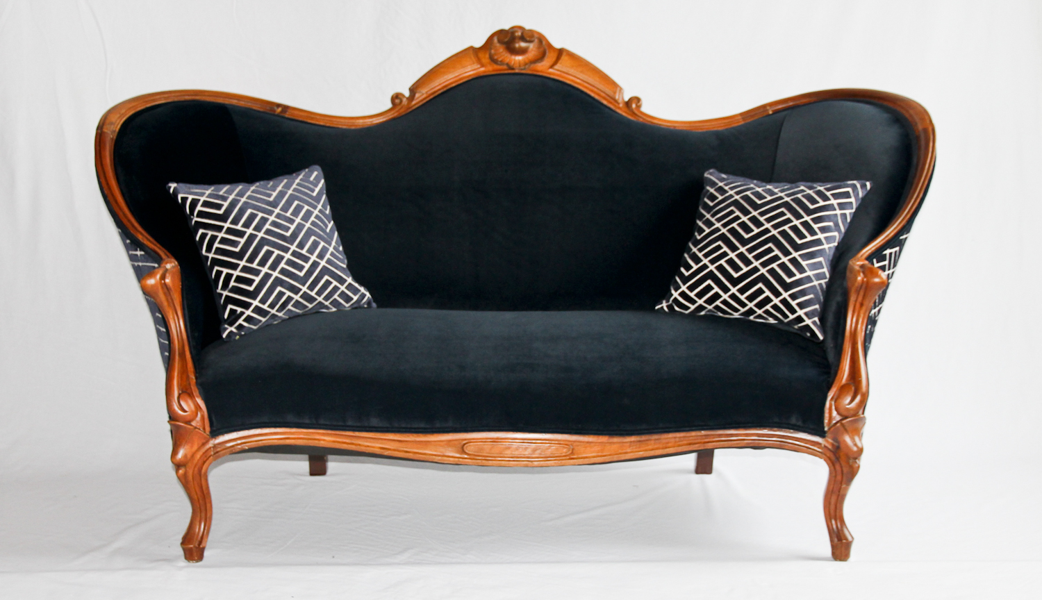 Antique Victorian Sofa with Herman Miller blue velvet .jpg