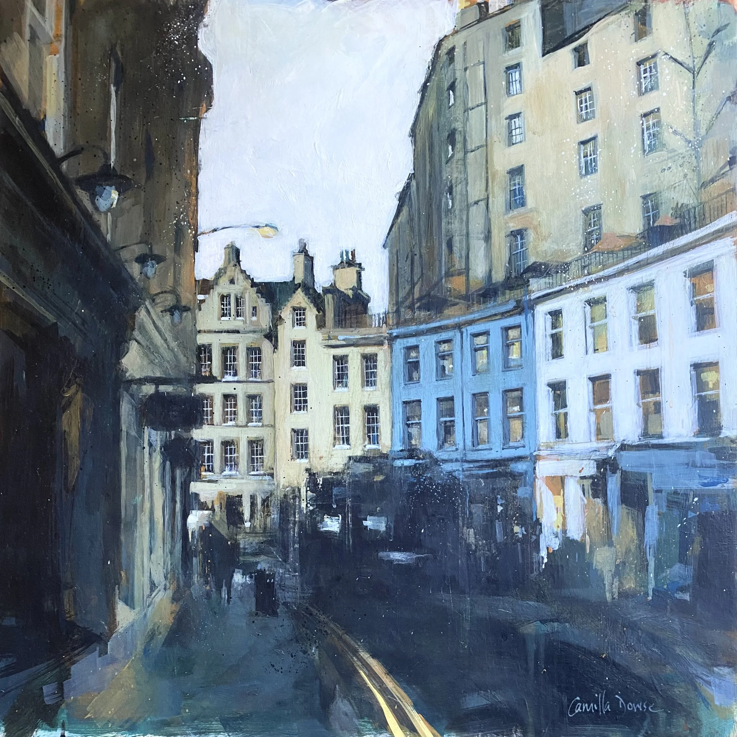 WEST BOW FROM VICTORIA STREET, EDINBURGH Acrylic on gesso 61 x 61 cm (65 x 65 cm framed) GBP 1200