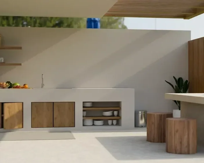 Modern minimalist outdoor kitchen with a concrete countertop, wooden cabinets, and rustic wood stump bar stools.  (Character count: 111)