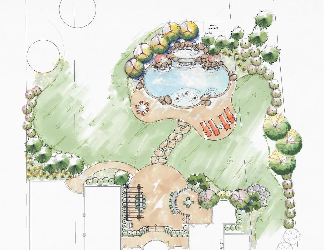An overhead watercolor landscape design featuring a large, organic-shaped swimming pool surrounded by rock accents, lounge chairs, a dining area, and lush green lawns bordered by trees.