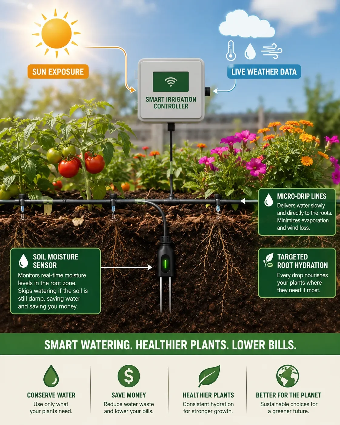 Diagram of a smart irrigation controller system with soil moisture sensor and micro-drip lines.