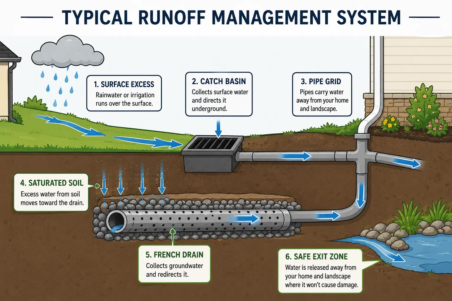 Diagram illustrating a typical runoff management system with a French drain and catch basin.