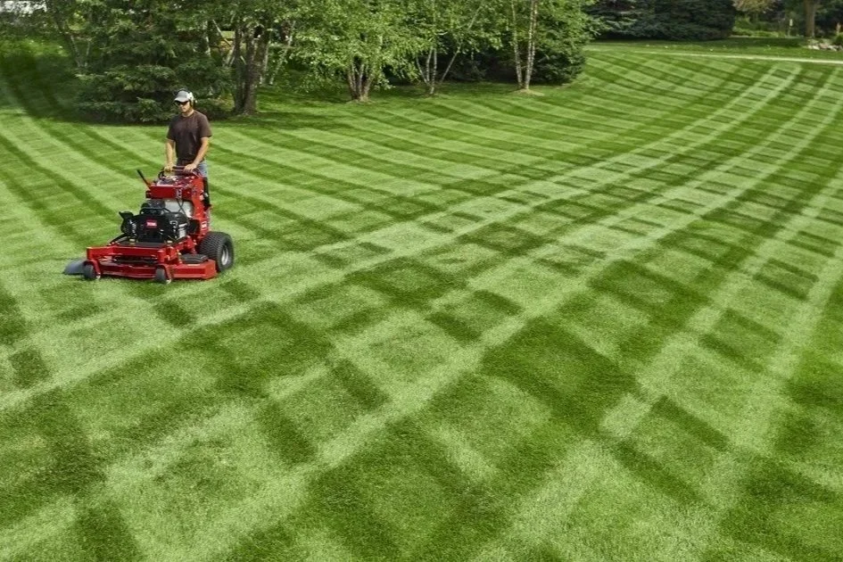 A man operates a red commercial lawn mower, creating a precise plaid pattern on a large, vibrant green lawn.