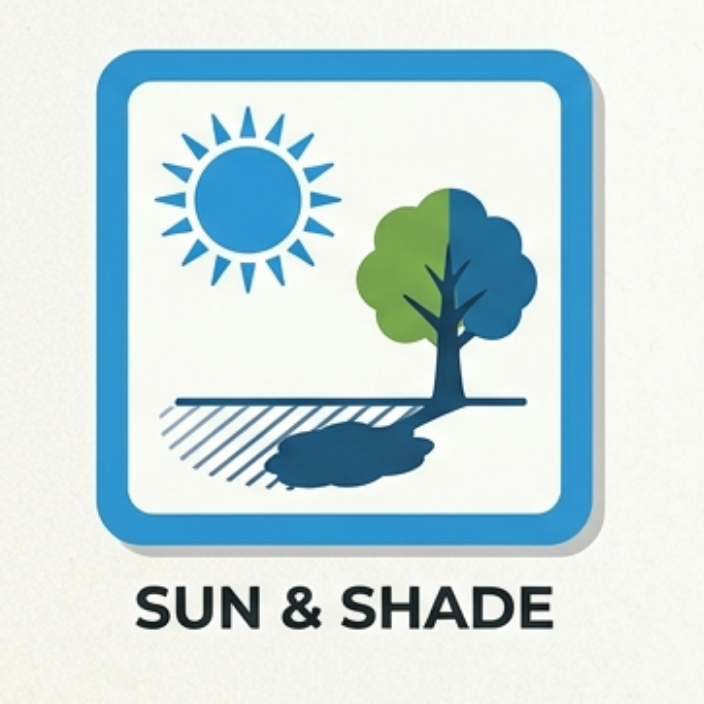 Illustration of a bright sun and a tree casting a shadow on a blue background, labeled "SUN & SHADE."