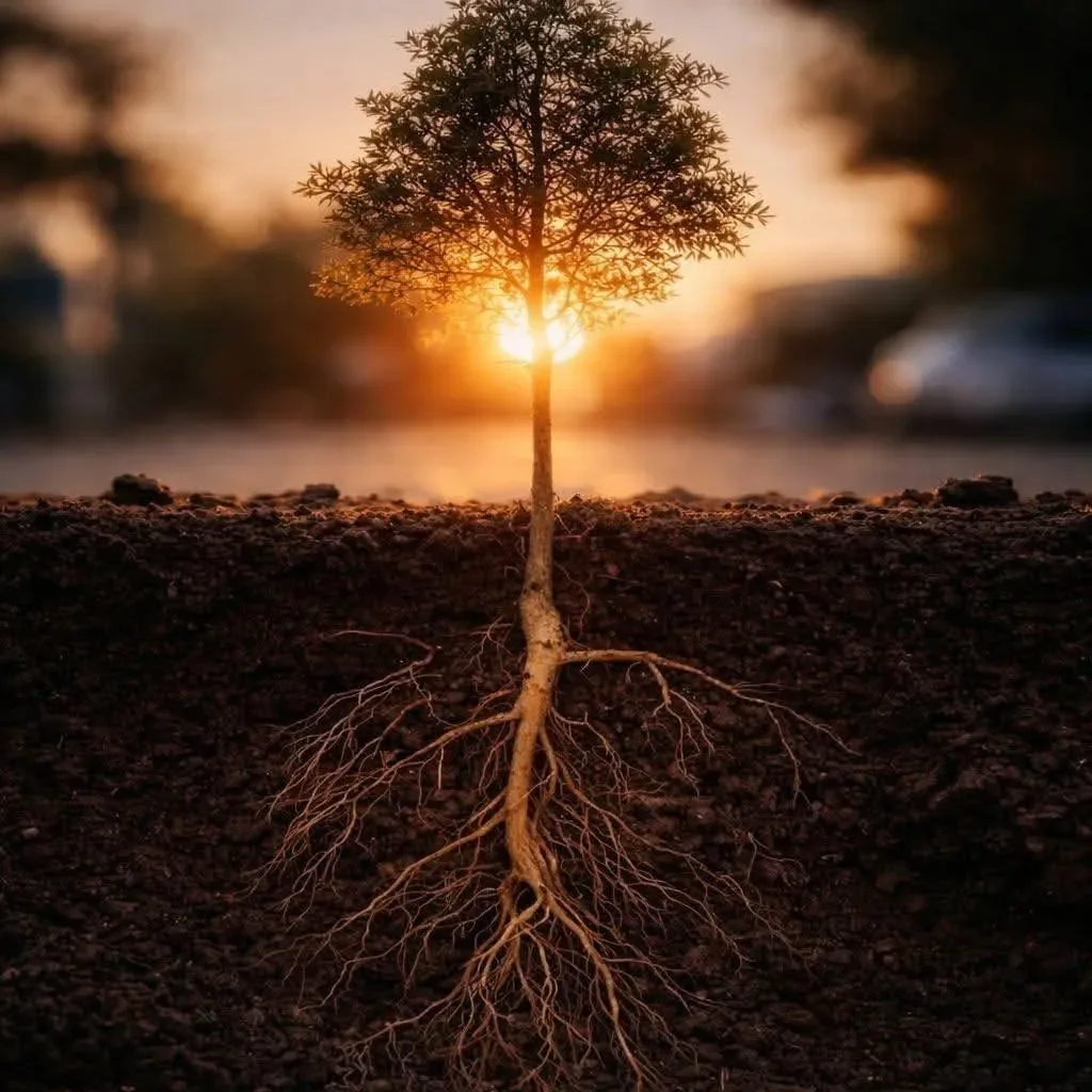Cross-section view of a young plant's root system growing deep in rich soil under bright sunlight.