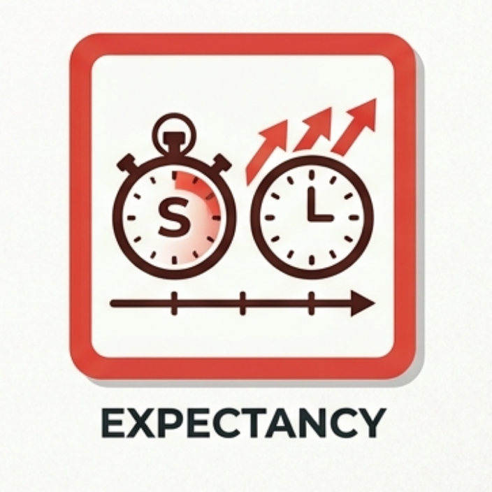 Illustration of stopwatches, rising arrows, and a timeline on a red background, labeled "EXPECTANCY."