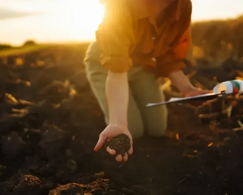 A person kneeling in a field holding a handful of rich soil and a clipboard during a golden hour sunset.