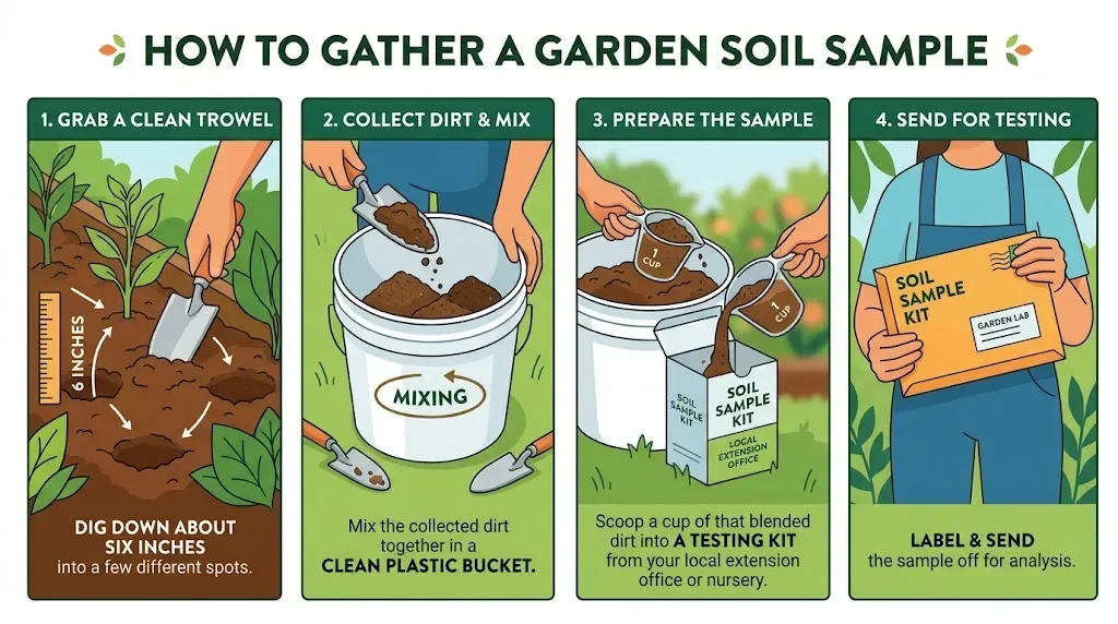 4-step infographic explaining how to collect, mix, and package garden soil for lab testing.