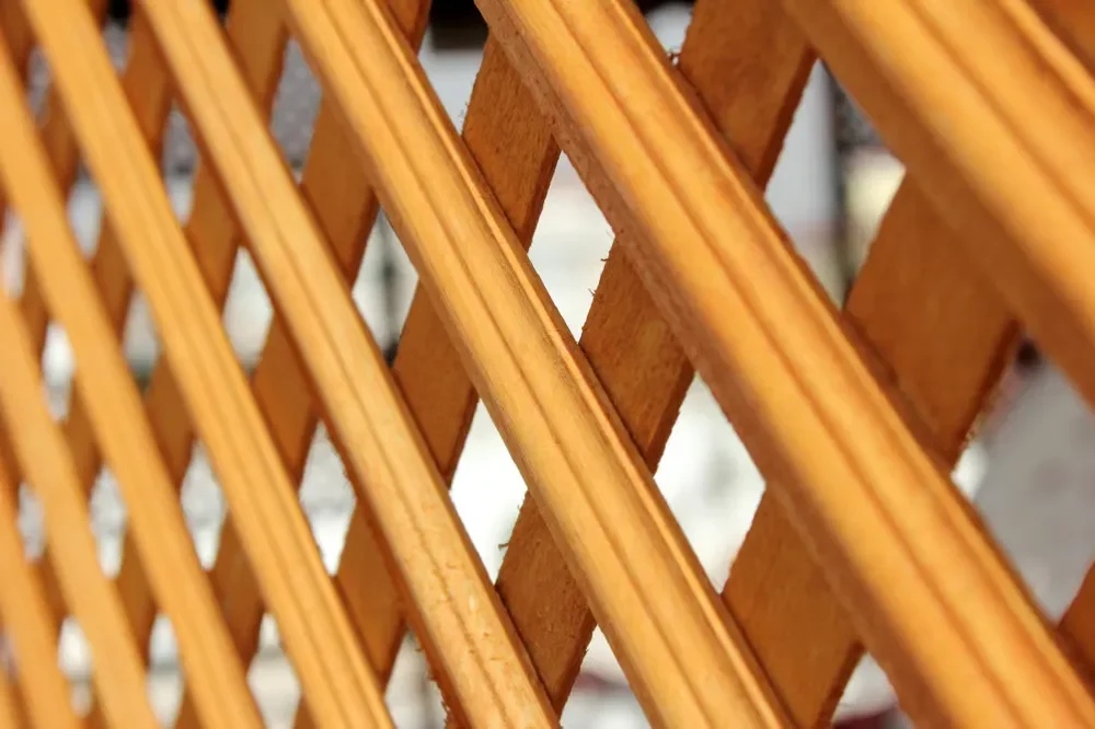 Close-up of a light brown wooden lattice fence panel featuring a classic diagonal crisscross pattern.
