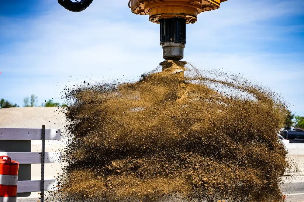 Heavy machinery construction auger spinning and drilling, creating a large, dynamic cloud of brown soil and dust.