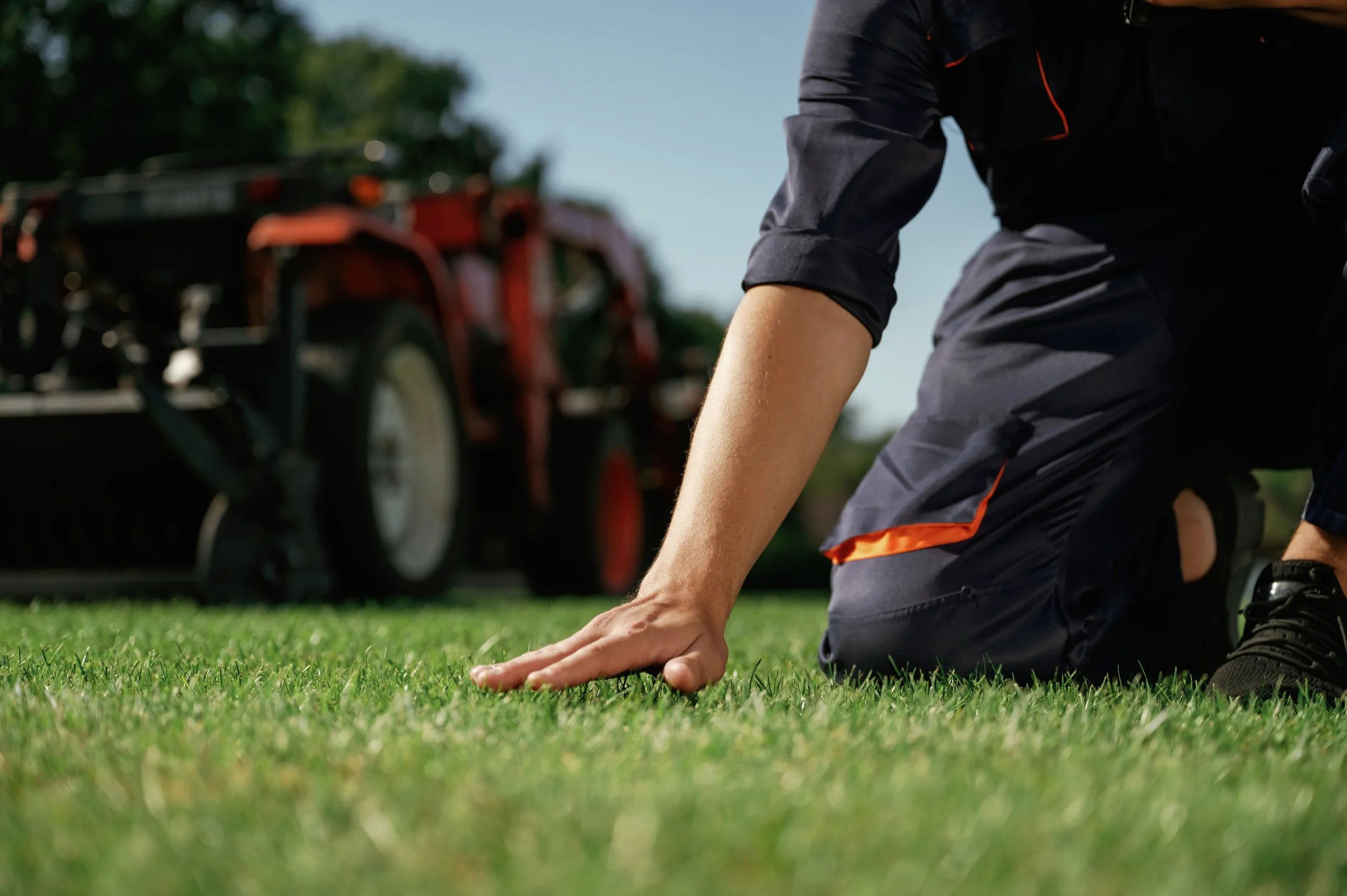 Close-up of a landscaper's hand touching healthy green turf, with professional mowing equipment blurred in the background.
