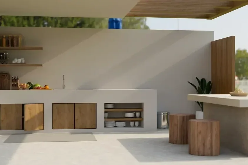 Modern outdoor kitchen design with built-in counters, wooden cabinets, and seating area.