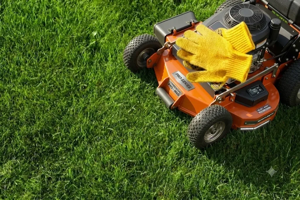 Orange commercial lawn mower with yellow work gloves resting on top on a lush green lawn.