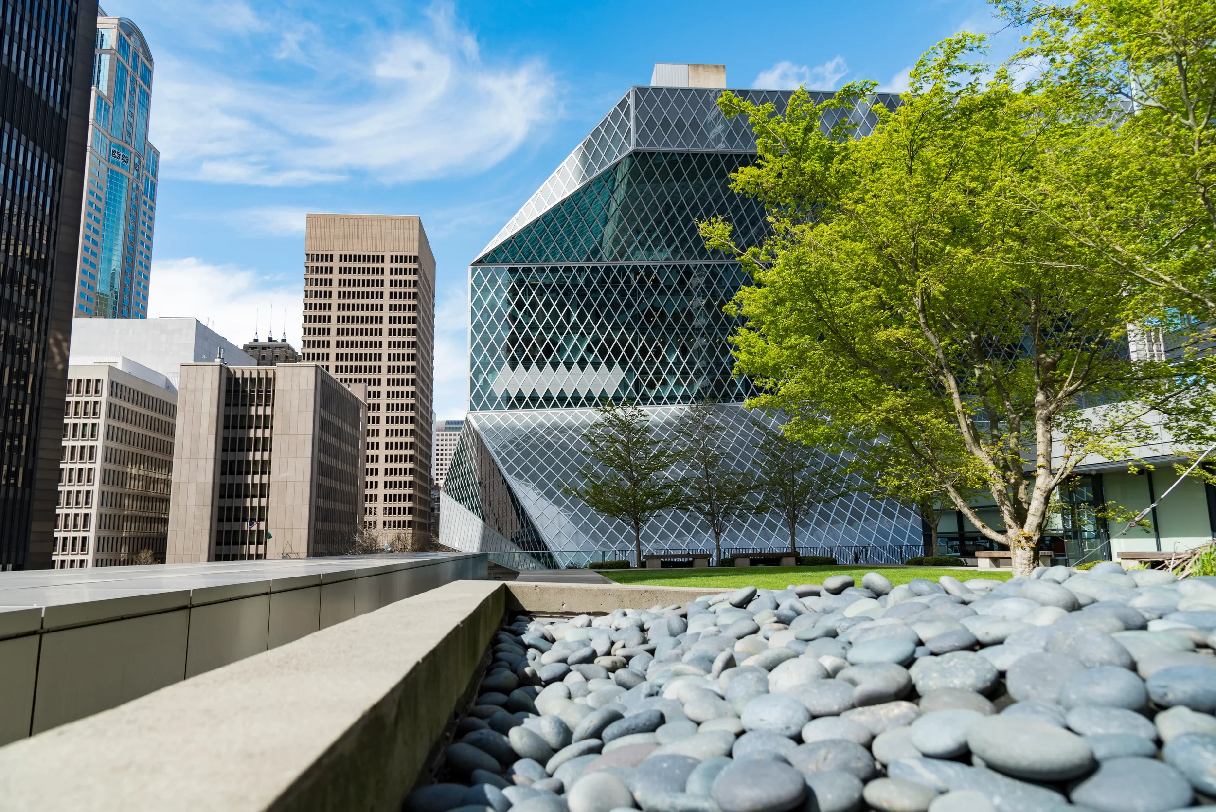 A modern urban rooftop garden featuring a lush green lawn, several small trees, and a bed of smooth gray river stones in the foreground against a backdrop of city skyscrapers