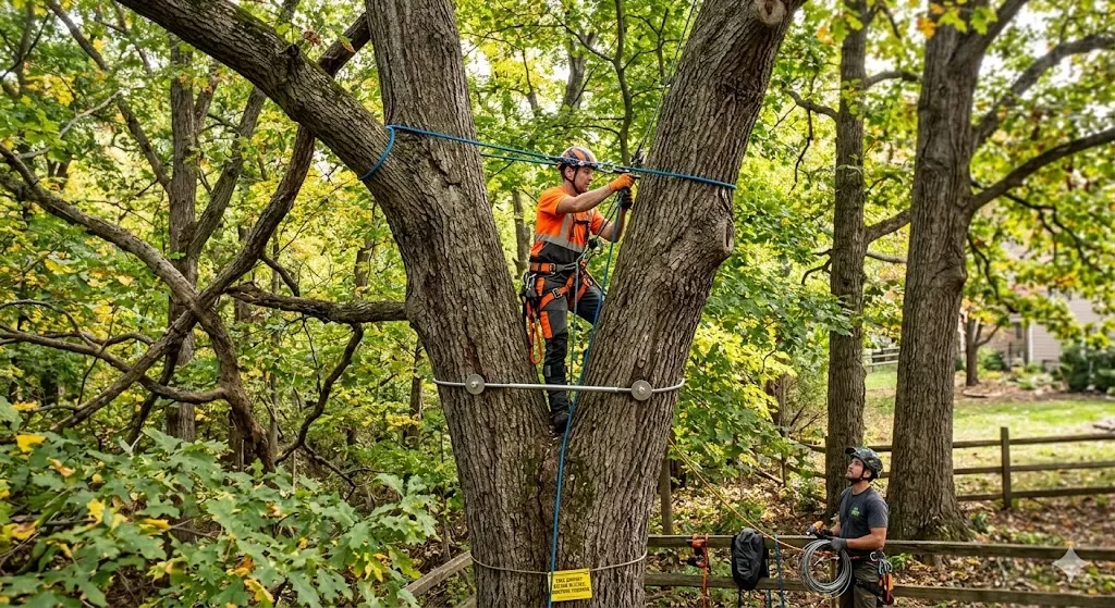 An arborist in safety gear installs structural support cables in a large tree to provide tree stabilization.