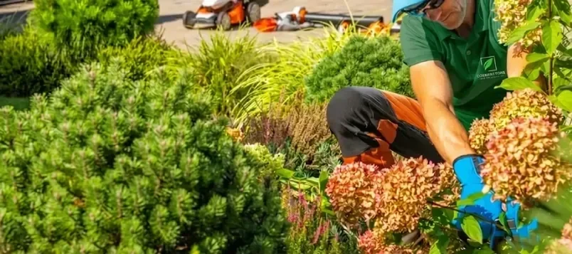 Professional landscaper trimming flowering shrubs and bushes in a residential garden.