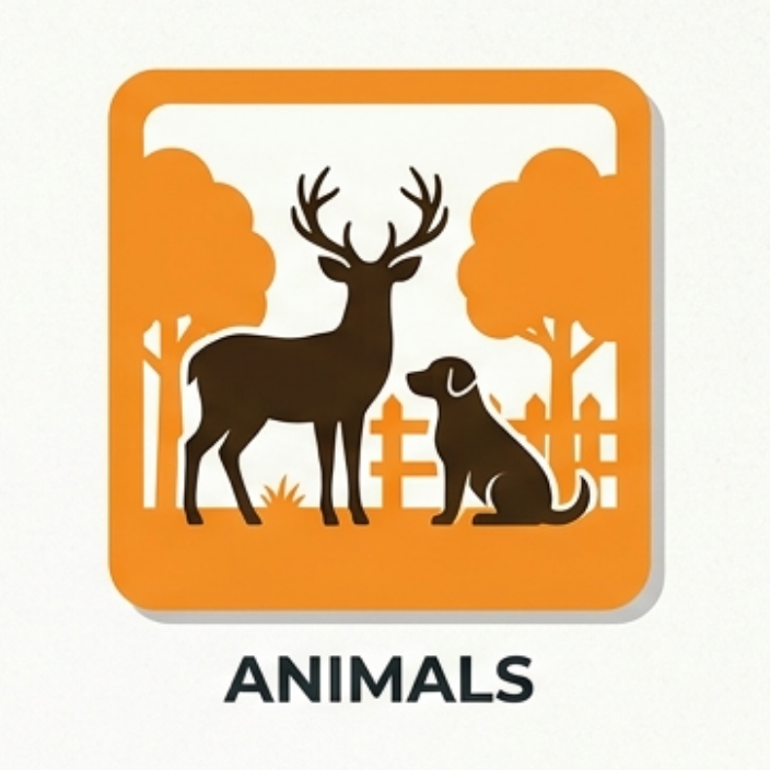 Illustration of a deer and a dog in front of a fence and trees on an orange background, labeled "ANIMALS."