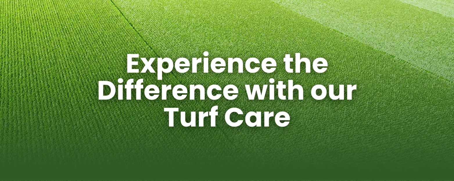 Green grass banner with text "Experience the Difference with our Turf Care" over a striped lawn background.