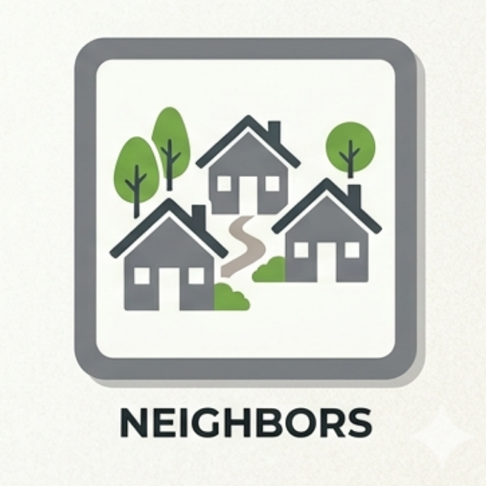 Icon featuring grey houses, green trees, and a winding path above the word Neighbors.