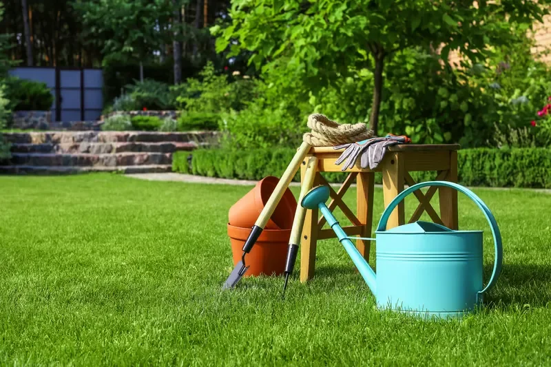 Gardening tools and a blue watering can on green grass.
