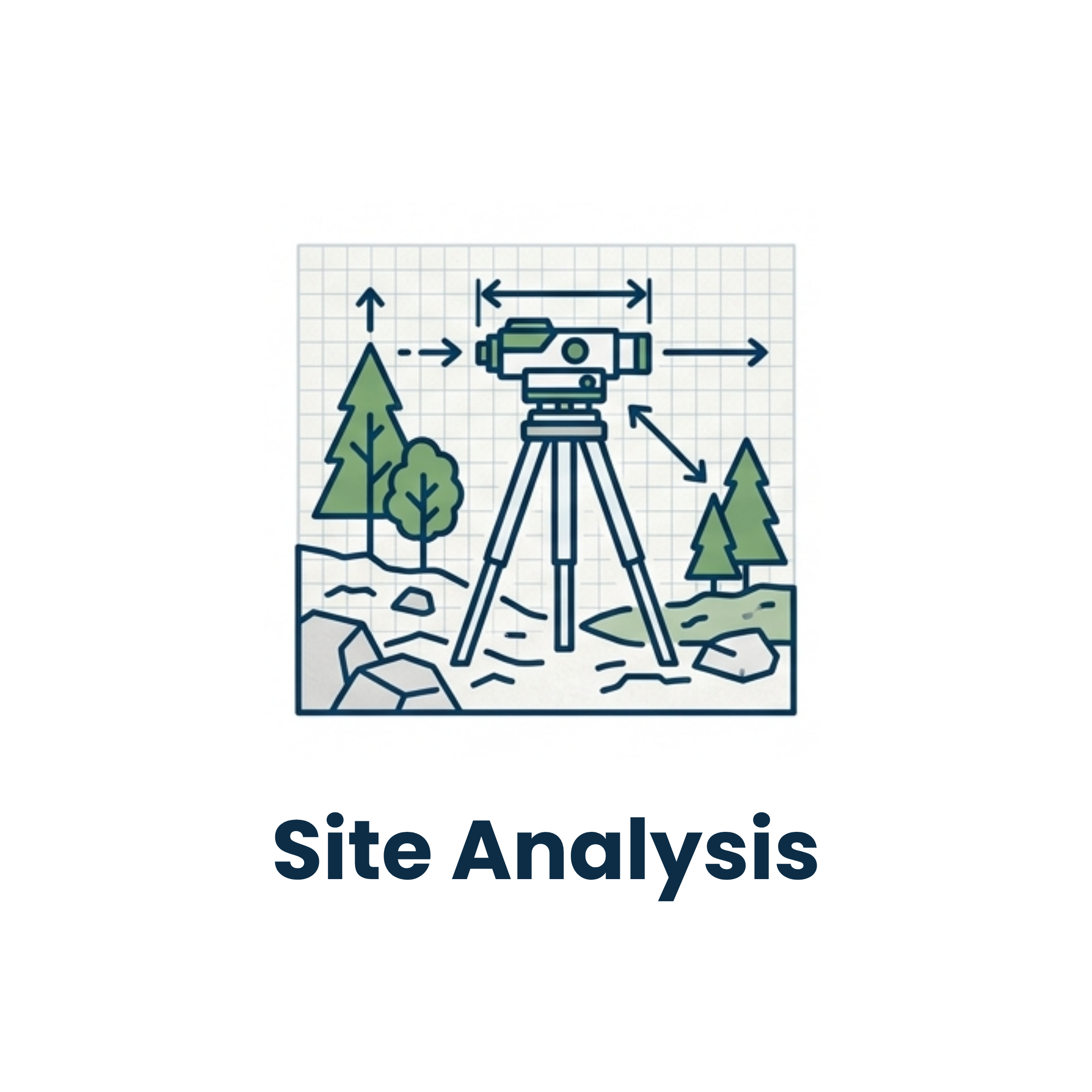 Illustration of a surveying tripod on a grid background with trees and rocks, labeled "Site Analysis."