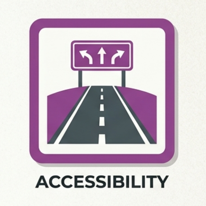 Illustration of a road leading toward a directional sign with three arrows on a purple background, labeled "ACCESSIBILITY."