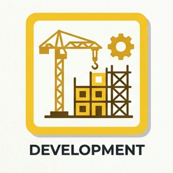 Yellow and brown construction icon showing a crane, building structure, and gear above the word Development.