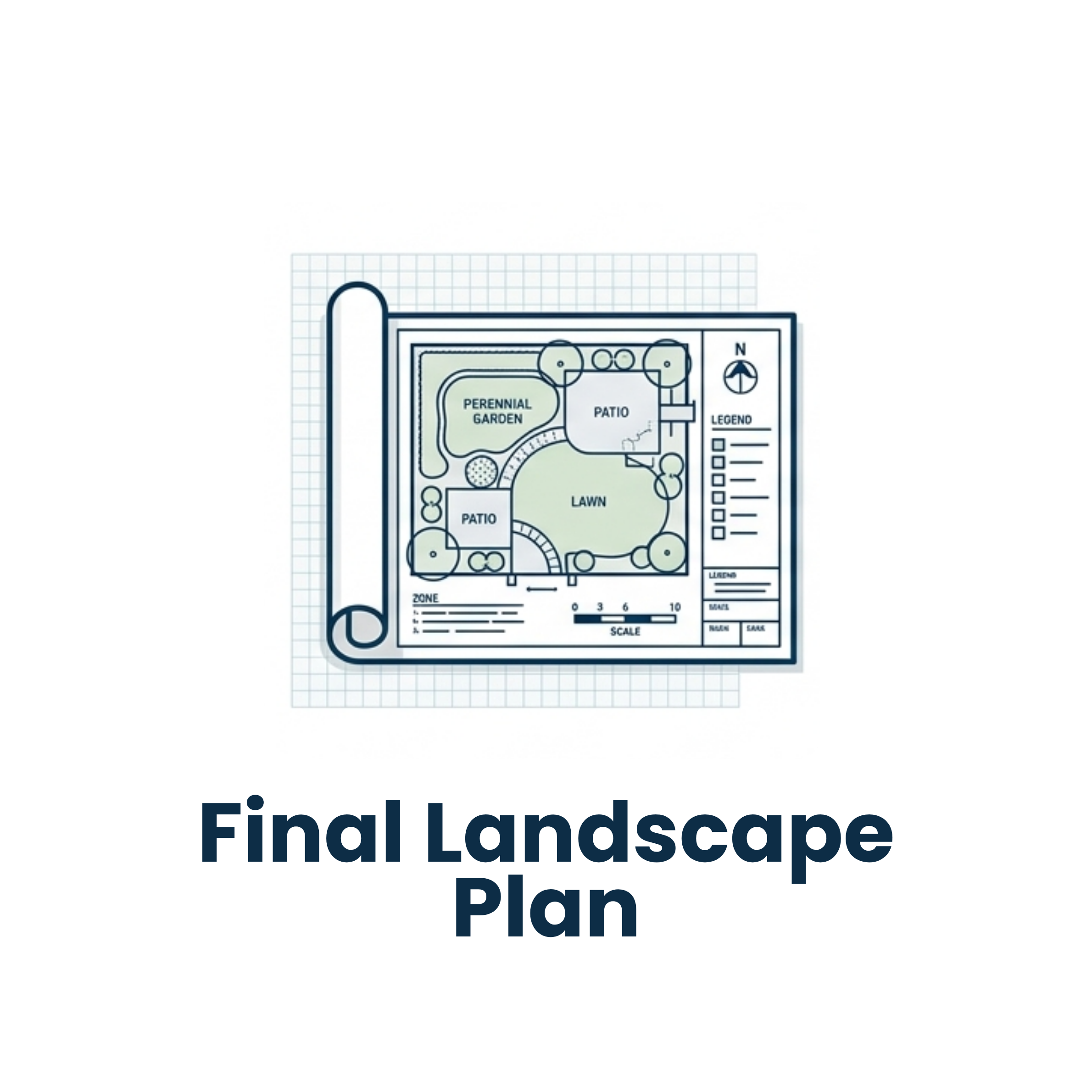 Blueprint illustration of a garden layout with lawn, patio, and perennial garden above the text Final Landscape Plan.